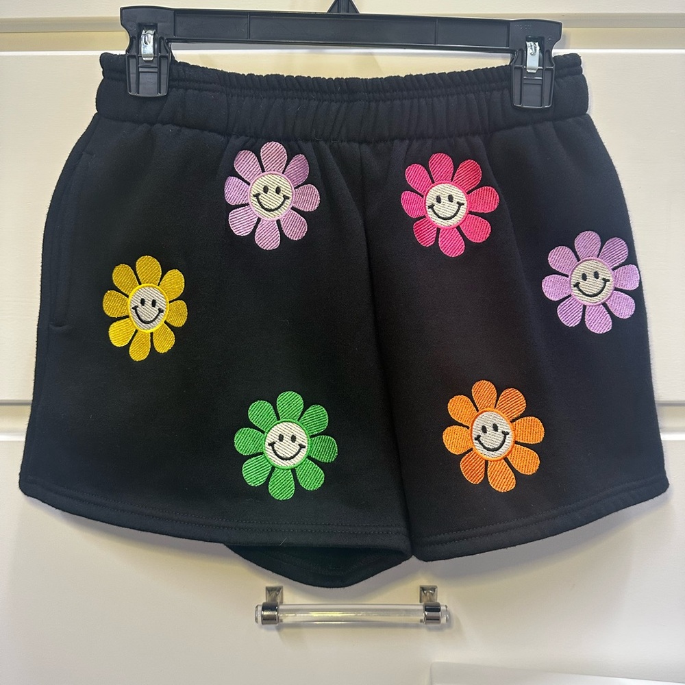 WHY DRESS Vibrant Black and Multi Colored Shorts with Playful Flower Design
